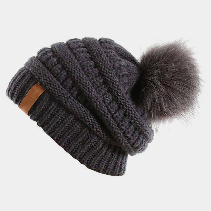H00010 Detachable Fur Pom Warm Knitted Hat
