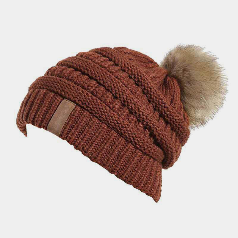 H00010 Detachable Fur Pom Warm Knitted Hat