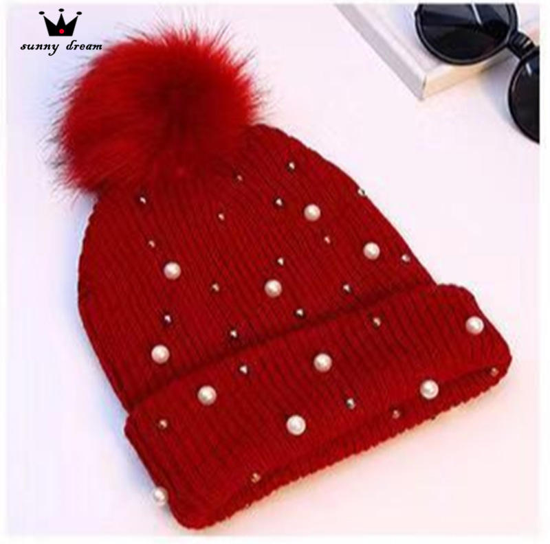  H00007 Pearl Imitation Fox Fur Ball Ladies Knitted Hat