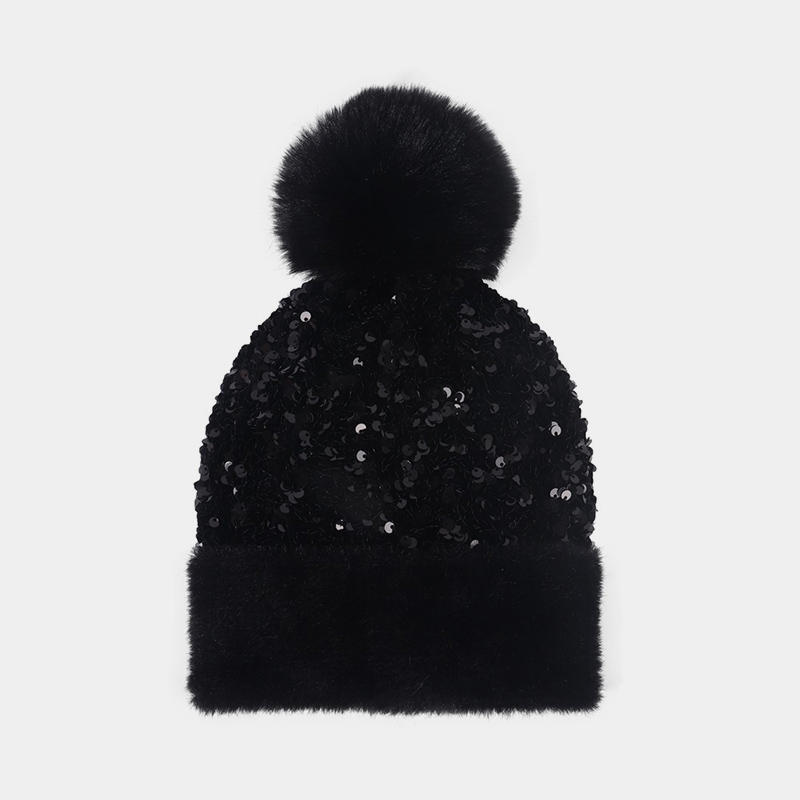H00029 Sequins Knitted Hat With Detachable Pompom
