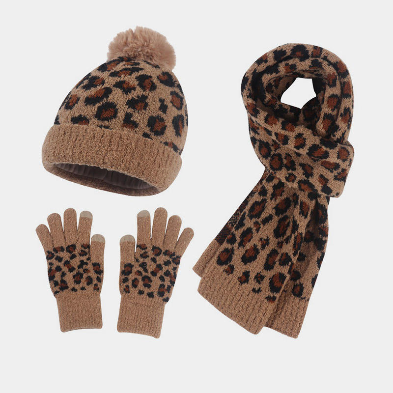 H00030 Leopard Print Hat Scarf Glove Knitted Suit