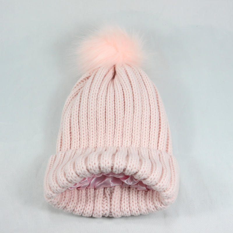 H00026 Satin Lined Thick Stripe Knitted Pompom Hat