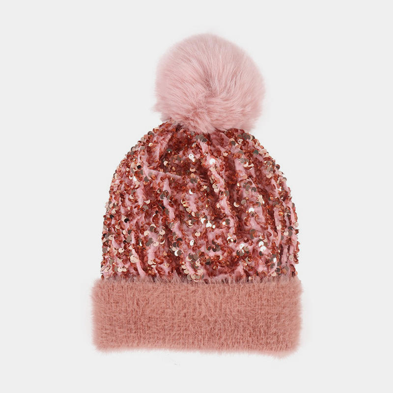 H00029 Sequins Knitted Hat With Detachable Pompom