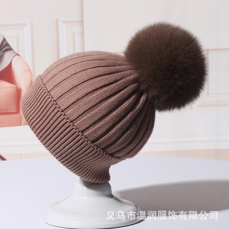 H00037 Thick And Thin Stripe Rabbit Wool Knitted Pompom Hat