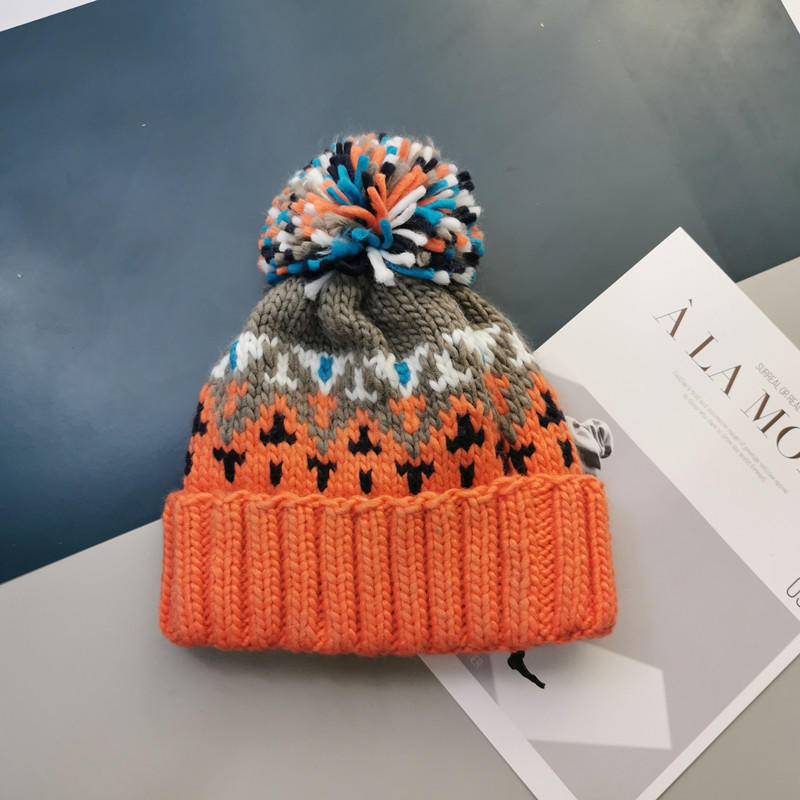 H00050 Colorful Jacquard Lovely Warm Knitted Hat With Hairball