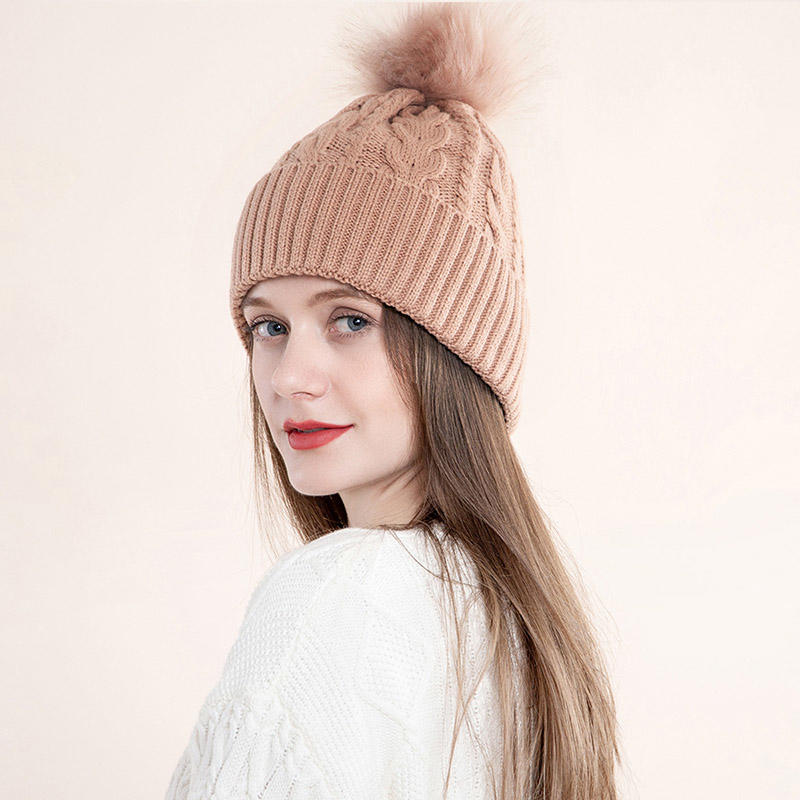 H00055 Foldable Adult Knitted Hat With Pompom