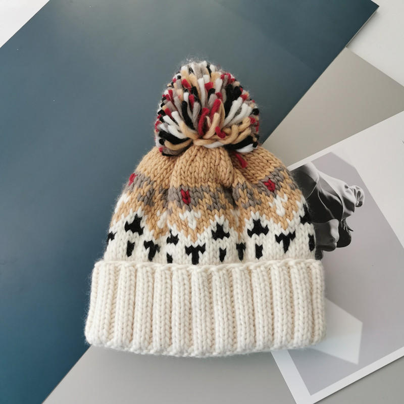 H00050 Colorful Jacquard Lovely Warm Knitted Hat With Hairball