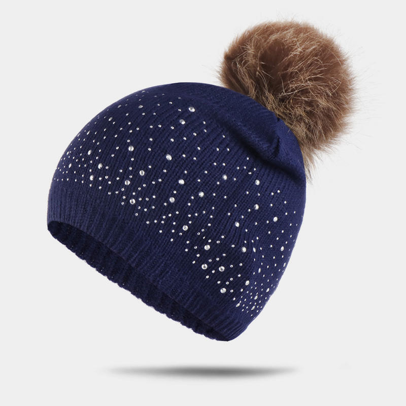 H00046 Pinstripe Furball Knitted Hat With Rhinestones