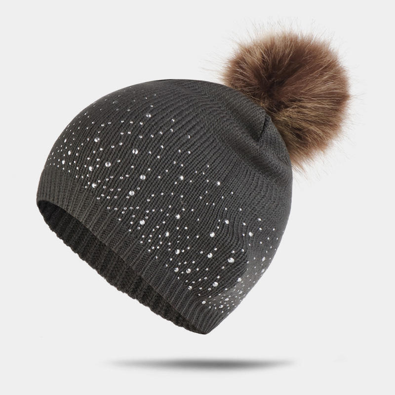 H00046 Pinstripe Furball Knitted Hat With Rhinestones