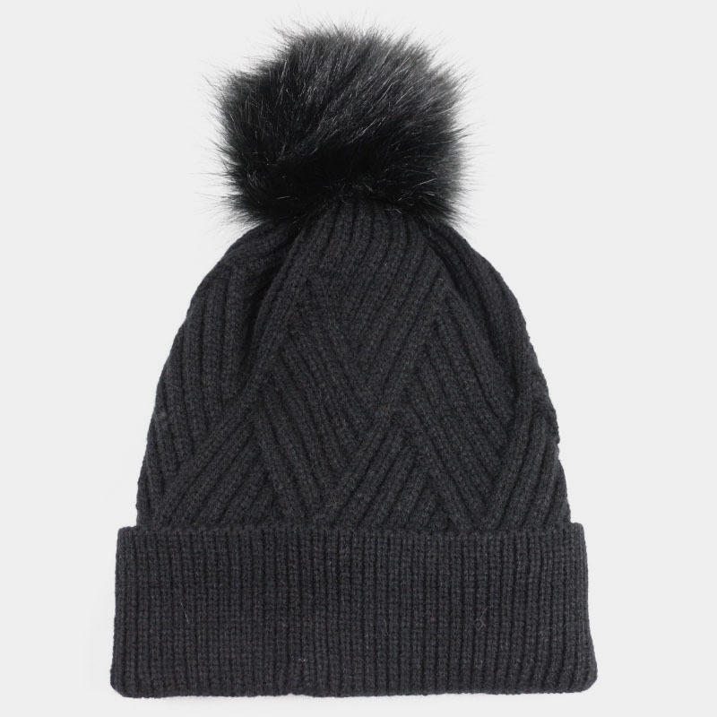 H00060 Stripe Faux Fur Pompom Knitted Hat With Diamond