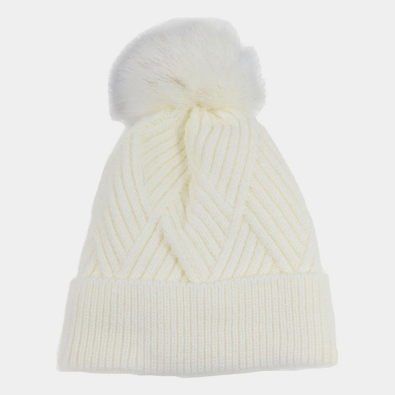 H00060 Stripe Faux Fur Pompom Knitted Hat With Diamond