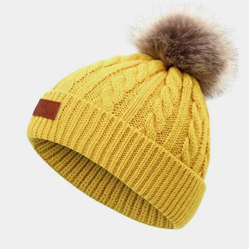 H00077 Leather Label Fake Hairball Kid's Twist Knitted Hat