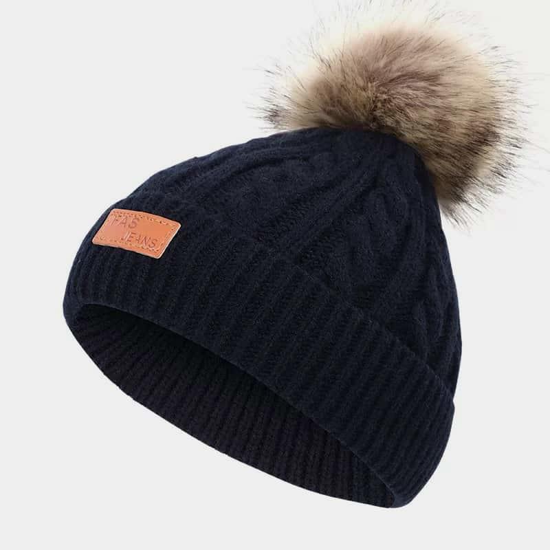 H00077 Leather Label Fake Hairball Kid's Twist Knitted Hat