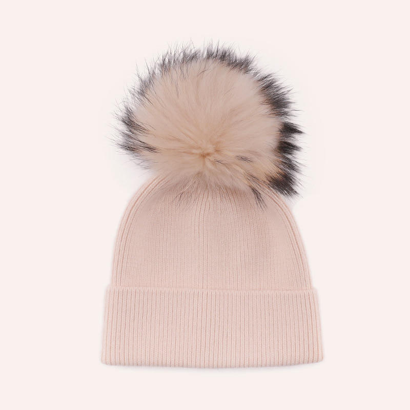 H00094 Adult Winter Rabbit Hair Knitted Hat With Real Hairball