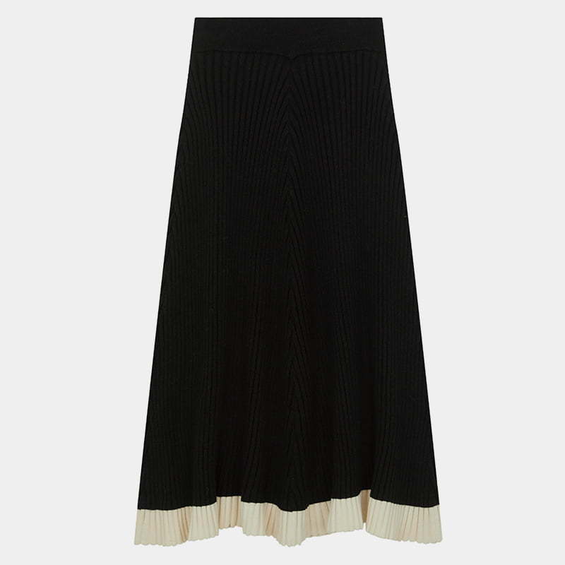ML2234 Black A-line Knitted Skirt With Hem White Splicing