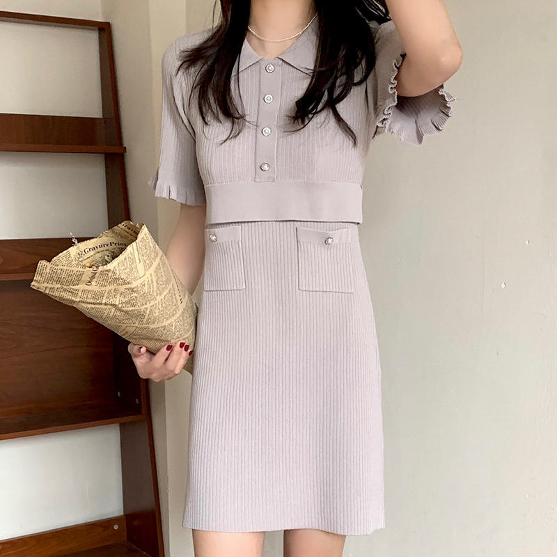 SM-K0027 Temperament Small Fragrance Shirt Collar Flying Sleeves Straight Knitted Dress