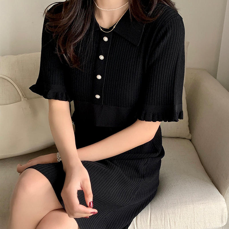 SM-K0027 Temperament Small Fragrance Shirt Collar Flying Sleeves Straight Knitted Dress