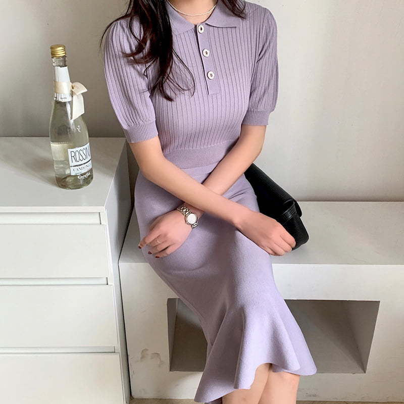 SM-K0021 Spring Women's Single-breasted Lapel Temperament Commuter Knitted Dress