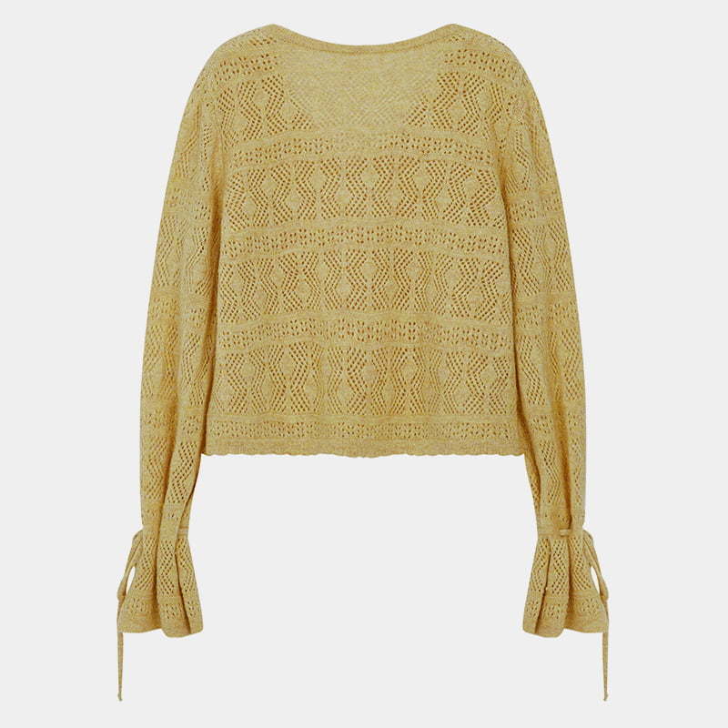 ML2201 Cut-out Cuff Tie V-neck Pullover Knitted Jumper
