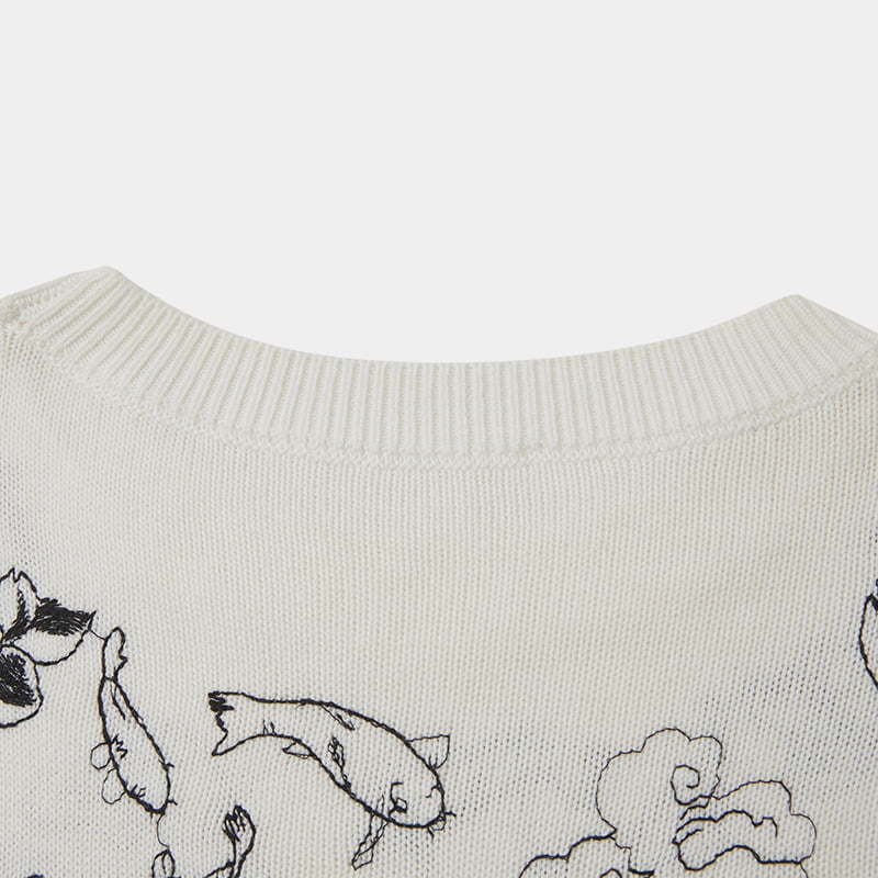 ML2209 Worsted Soft Doodle Embroidery Round Neck Knitted Jumper Sweater
