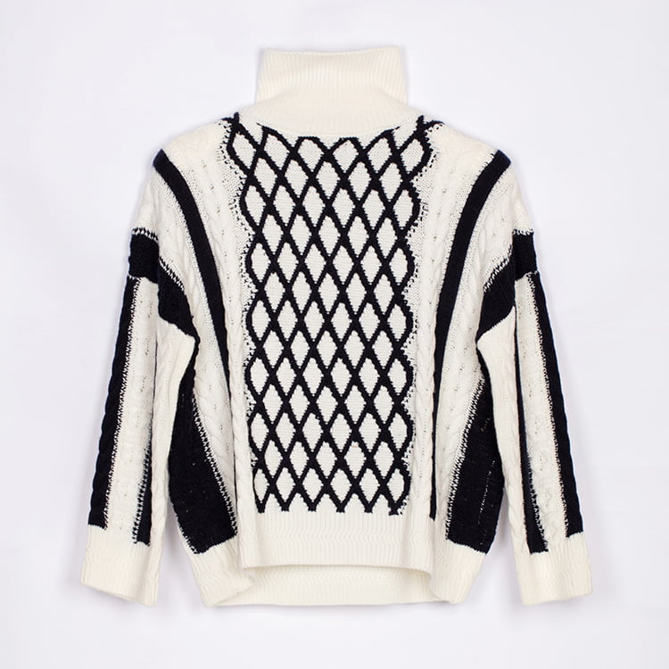 SM-K0045 Black White Twist Mohair Contrast High-Neck Thick Knit Jumper Sweater