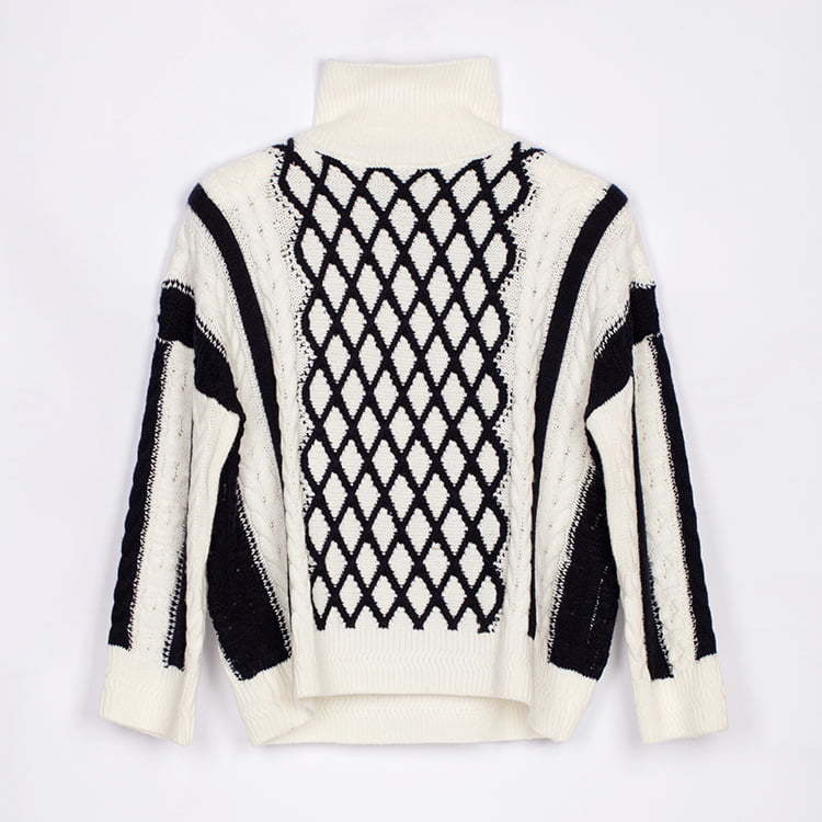 SM-K0045 Black White Twist Mohair Contrast High-Neck Thick Knit Jumper Sweater