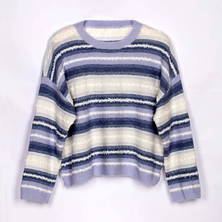 SM-K0047 Striped Gradient Sweet Patchwork Loose Round Neck Knitted Jumper
