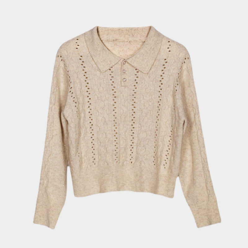 SM-K0012 Spring Autumn Polo Lapel Solid Color Hollow-out Bottom Knitted Jumper