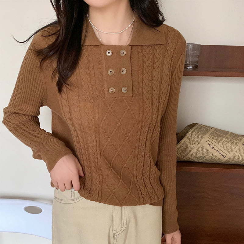 SM-K0026 Double-breasted Small Lapel Women's Commuter Long Sleeve Knitted Jumper