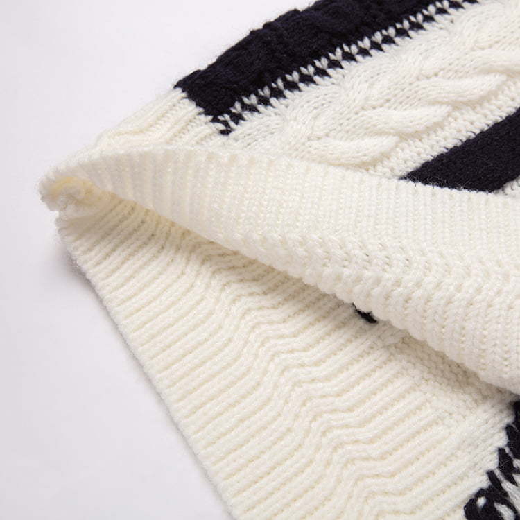 SM-K0045 Black White Twist Mohair Contrast High-Neck Thick Knit Jumper Sweater