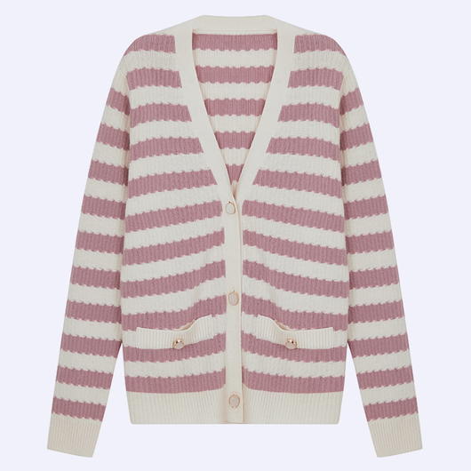 ML2204 Pink And White Striped V-neck Knitted Cardigan Sweater Jacket