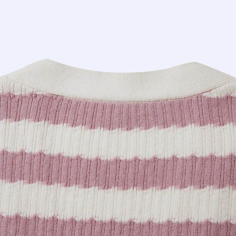 ML2204 Pink And White Striped V-neck Knitted Cardigan Sweater Jacket