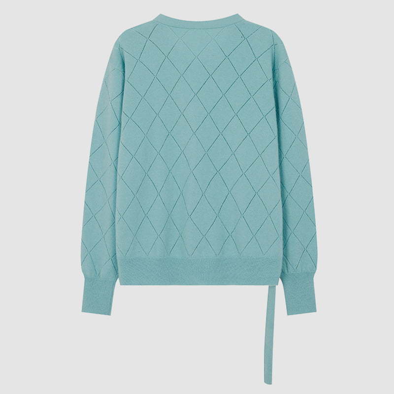 ML2212 Diamond Hollow Neckline Ribbon Design Knit Cardigan Sweater