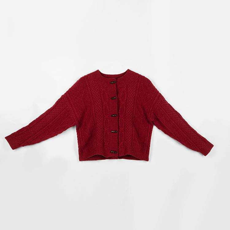 SM-K0034 Single-breasted Horn Button Jacquard Round Neck Knitted Cardigan Autumn And Winter