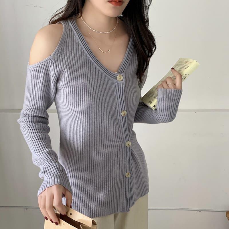 SM-K0022 V-neck Off-shoulder Slim And Niche Design Long-sleeved Knitted Cardigan