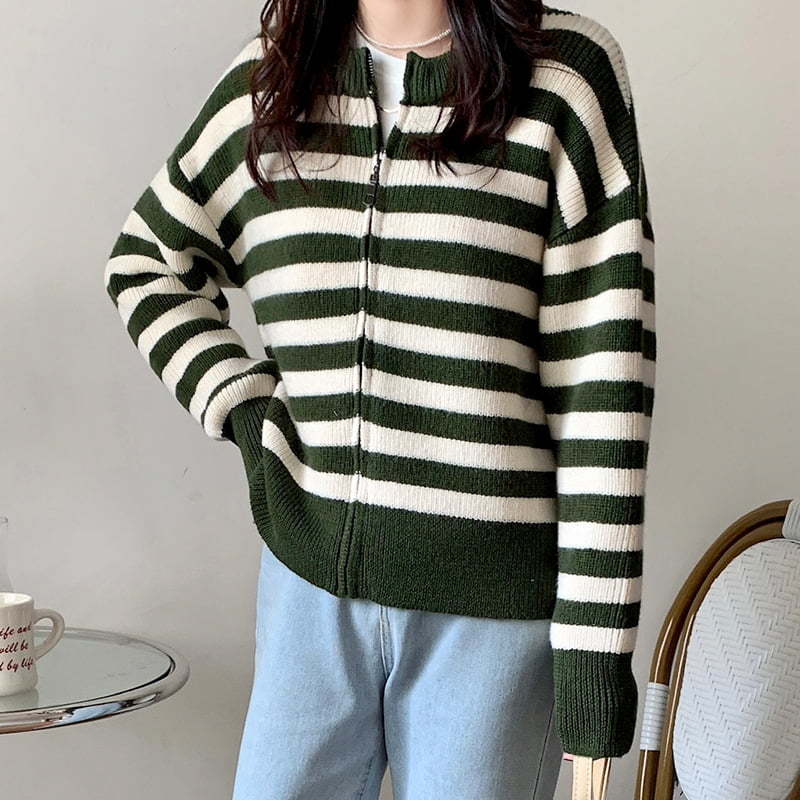 SM-K0029 Spring Women's Round-neck Pullover, Striped Zipper Sweater Knitted Cardigan