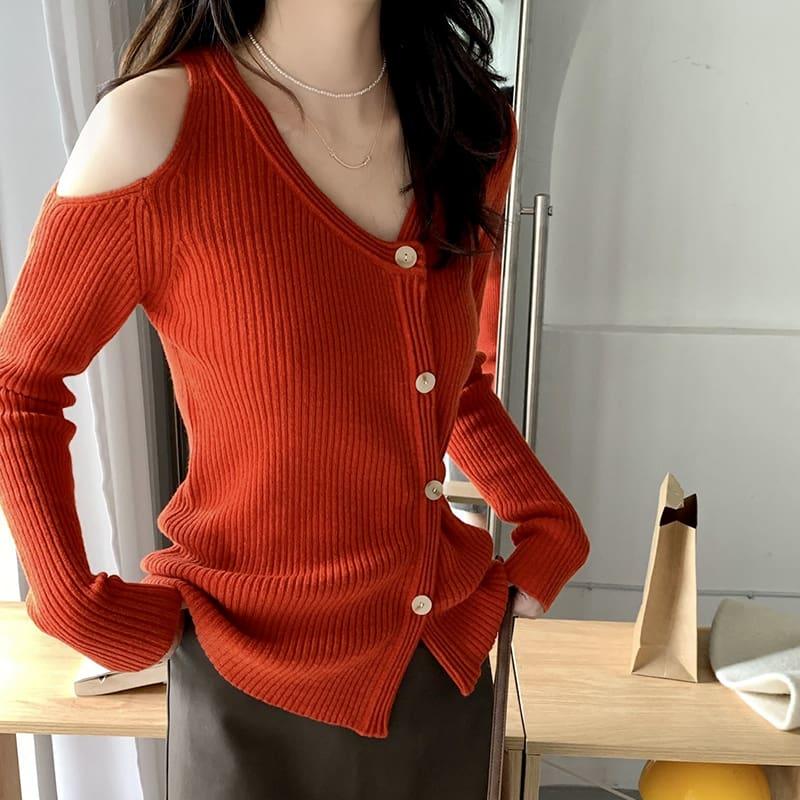SM-K0022 V-neck Off-shoulder Slim And Niche Design Long-sleeved Knitted Cardigan