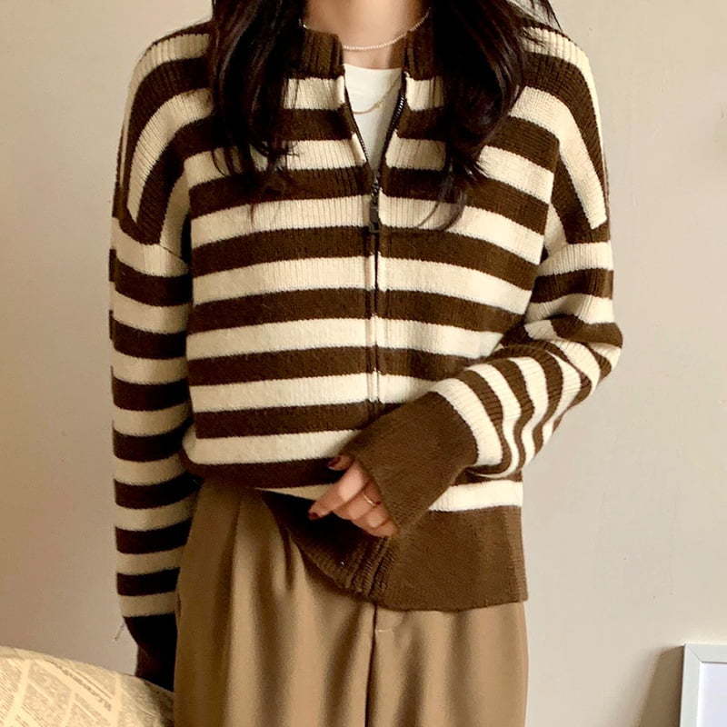 SM-K0029 Spring Women's Round-neck Pullover, Striped Zipper Sweater Knitted Cardigan