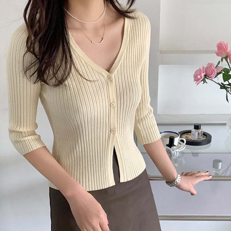 SM-K0023 Spring Ladies Single Breasted V-neck Mid Length Sleeve Slim Fit Knit Cardigan