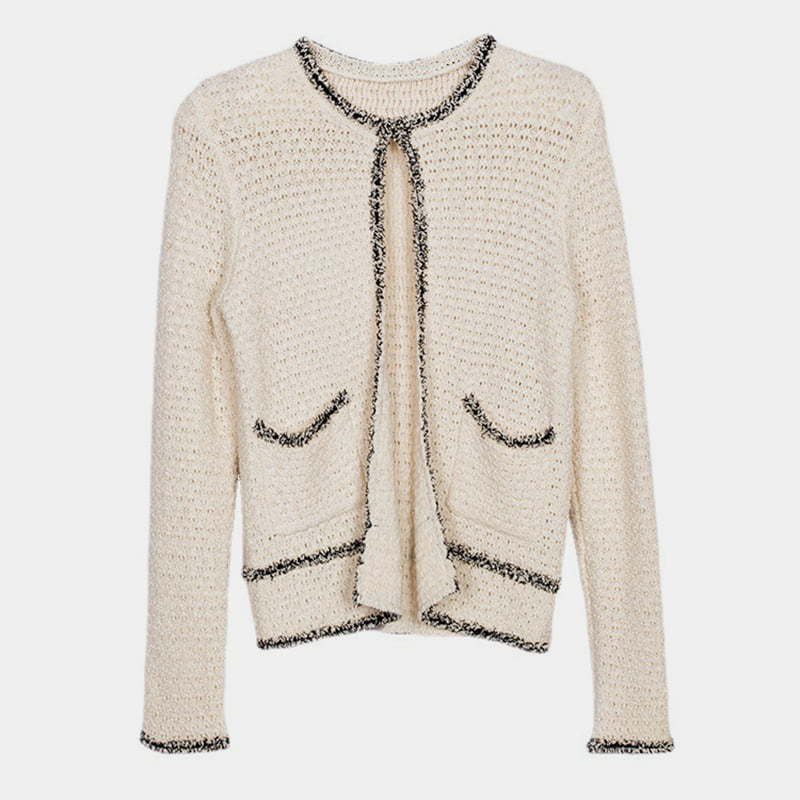 SM-K0049 Contrast Color Round Neck Small Fragrance Fringed Knitted Cardigan