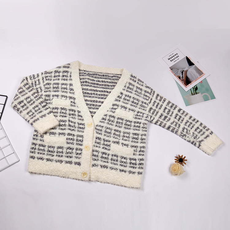 SM-K0041 Black and White Plaid Small Fragrant Mohair Knit Cardigan Korean Lazy Style