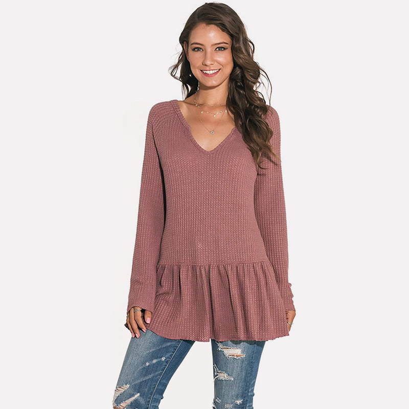 SM-K0096 V-neck Flounce Long Knitted Jumper Casual Sweater