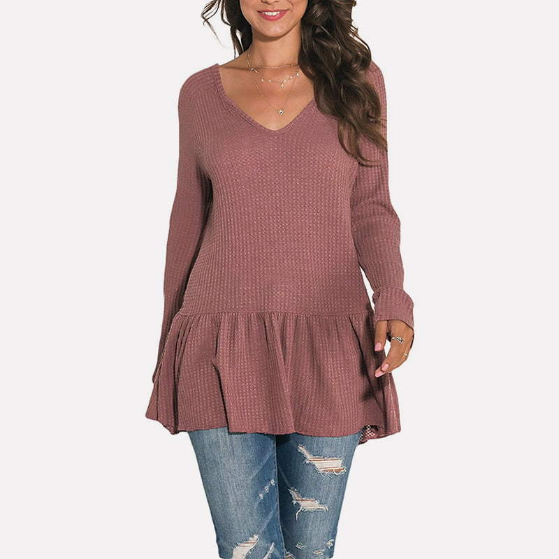 SM-K0096 V-neck Flounce Long Knitted Jumper Casual Sweater