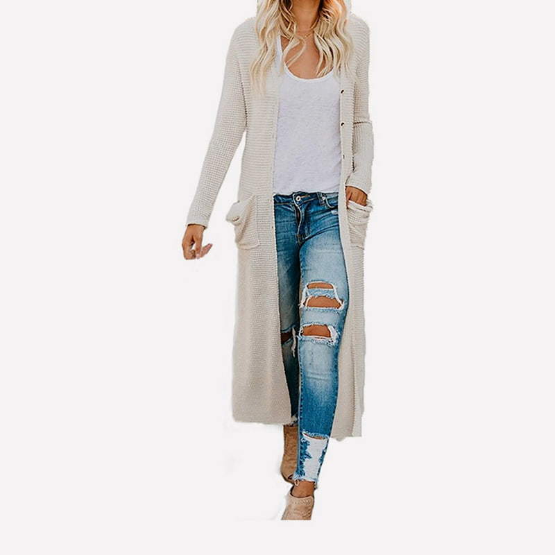 SM-K0074 V-Neck Long Solid With Pockets Knitted Cardigan Coat
