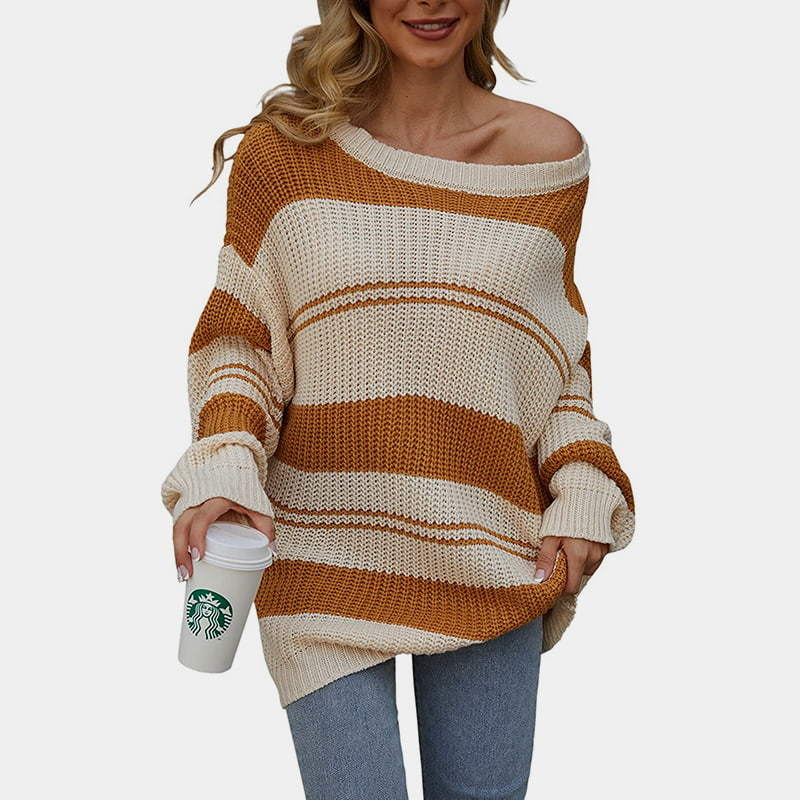 SM-K0066 Striped Clashing Loose Crewneck Knitted Jumper Pullover Sweater