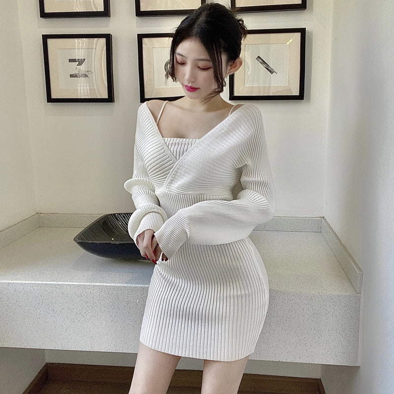 SM-K0090 Long Sleeve Slim V-neck  Show Thin False Two Knitted Suit