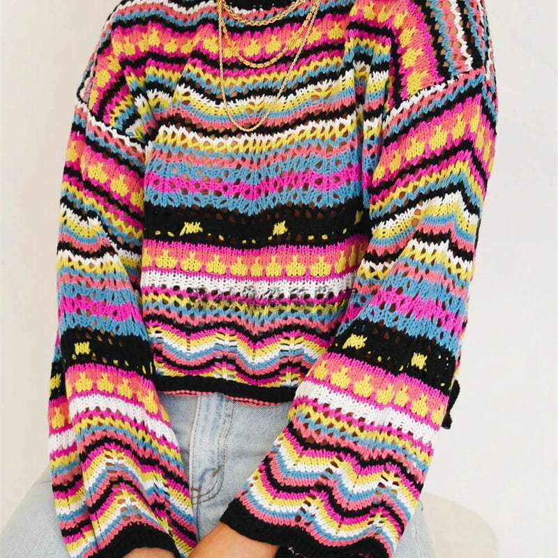 SM-K0085 Multicolored Stripe Mixed Color Knitted Pullover Sweater Knitted Jumper