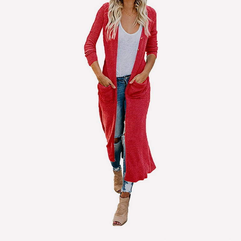 SM-K0074 V-Neck Long Solid With Pockets Knitted Cardigan Coat