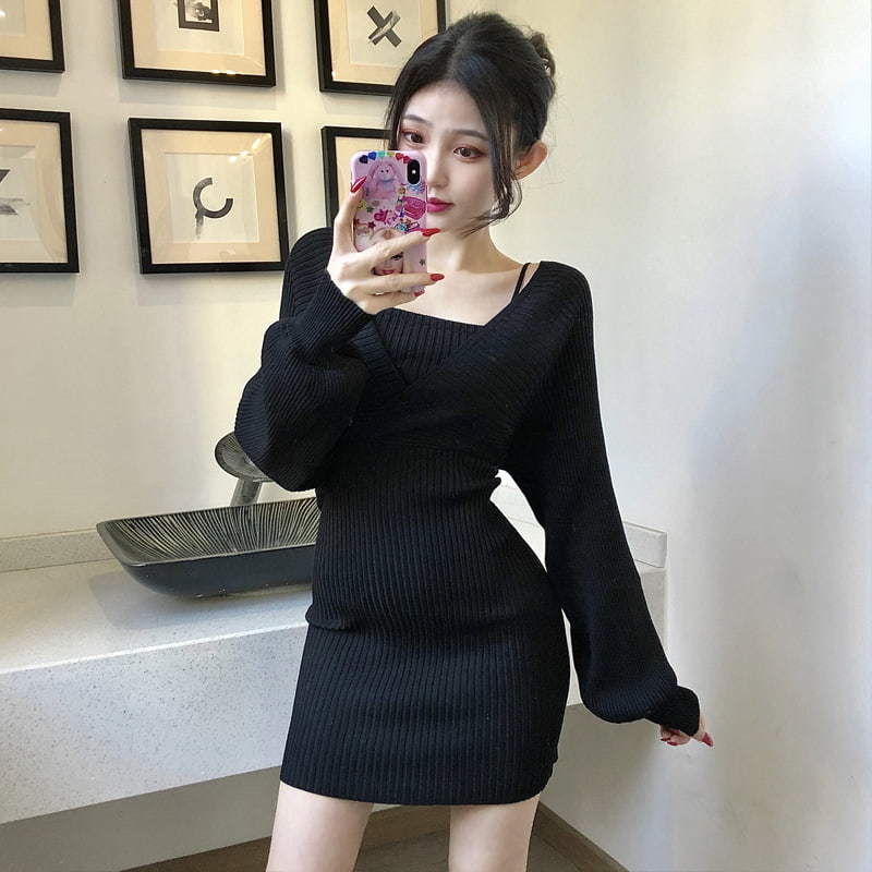 SM-K0090 Long Sleeve Slim V-neck  Show Thin False Two Knitted Suit
