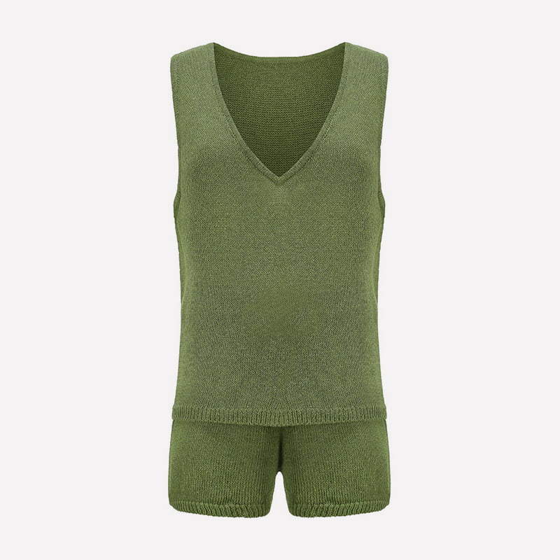 SM-K0102 Solid Color Fine Knit Vest And  Lace-up Shorts Casual Knitted Suit
